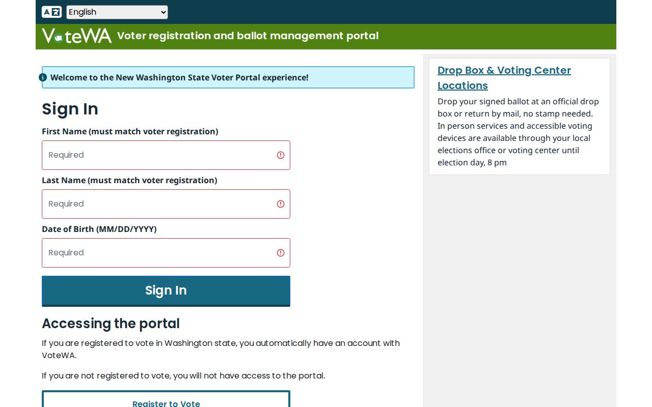 VoteWA official registration portal for an Everett voter lookup