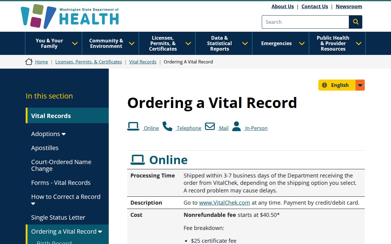 Washington Department of Health vital record order page for Everett events